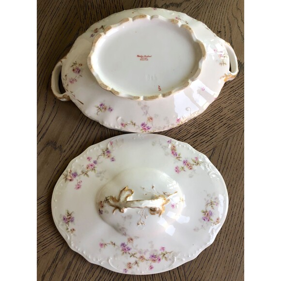 Antique Theodore Haviland Limoges Floral Oval Lidded Vegetable Server Gold Trim - Picture 7 of 8